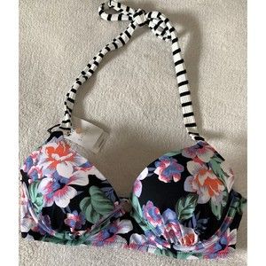 Shade & Shore Lightly Lined Ribbed Strap Halter Bikini Top Black Floral Sz 34C
